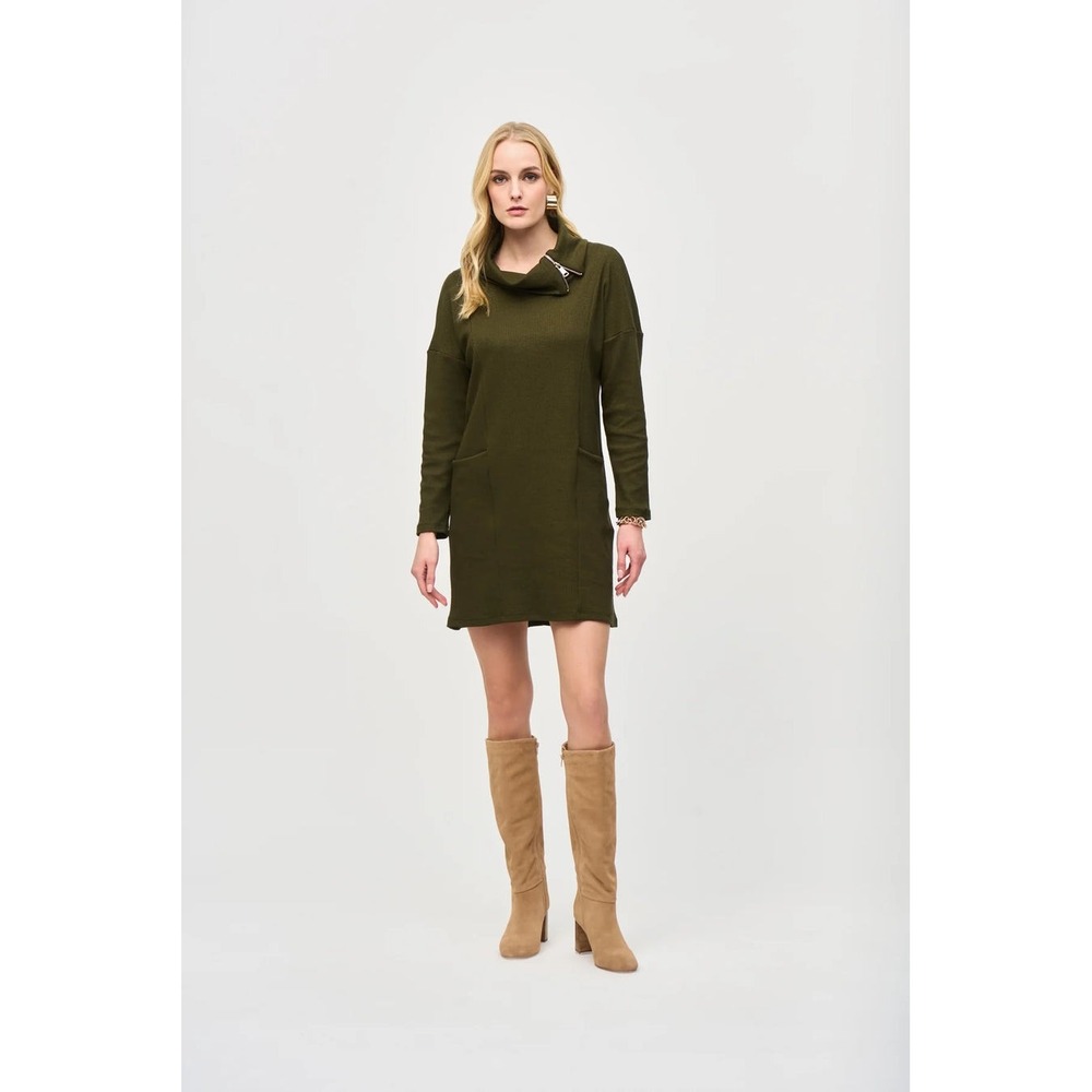Joseph Ribkoff Needle Rib Cocoon Dress Olive Black Zip NWT 10 - Picture 2 of 11
